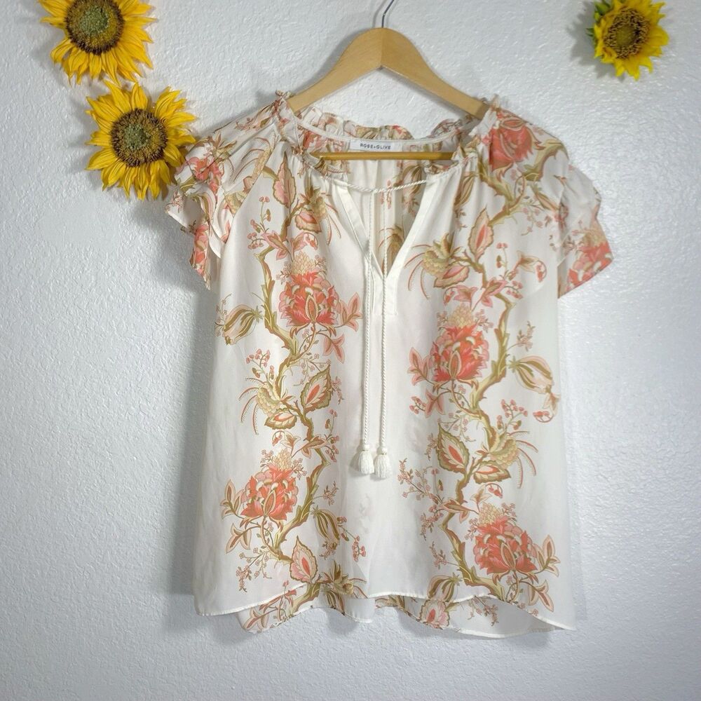 Rose + Olive Floral Tassel Ruffle Short Sleeve Blouse Size L Women’s